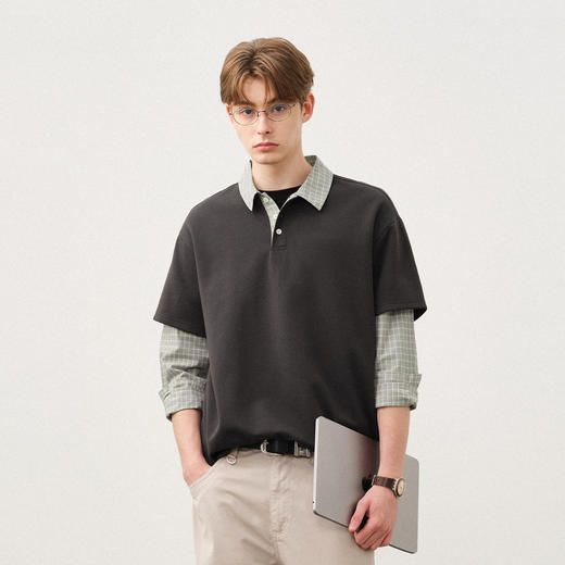 714street秋季假两件长袖POLO衬衫男2025纯棉休闲宽松针织杉衬衣 商品图0
