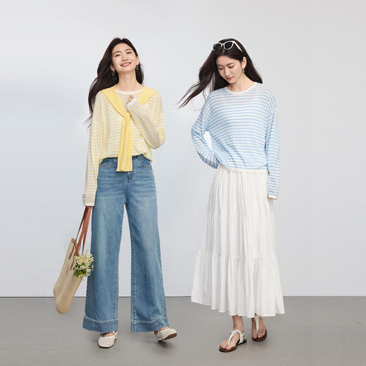 【08/12新品】熙世界披肩条纹针织衫两件套女夏秋新款宽松慵懒风长袖罩衫上衣 商品图2