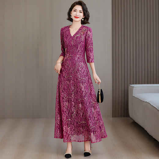 A3099#玫红色妈妈婚宴连衣裙女2025新款春夏季年轻喜婆婆喜服结婚礼服裙 商品图0