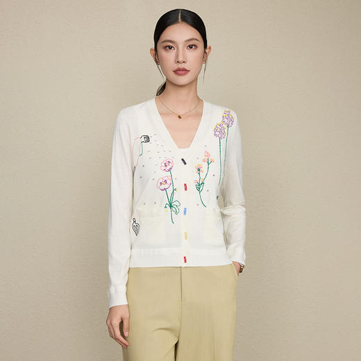 「自」全新升级【铂金会员330/天猫449/差价119】(12406)洛诗琳重工手绣彩绘V领针织开衫2025早秋优雅气质薄款外套女 商品图3
