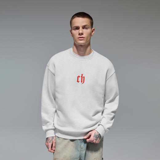 CHINISM赤尘 花灰色发泡印花圆领卫衣男秋季经典宽松休闲套头上衣 商品图2