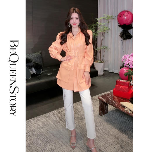 余潇潇【机车玫瑰】2025春装新款时尚PU蛋白皮中长泡泡袖皮衣外套 商品图3