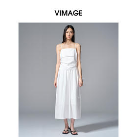 VIMAGE纬漫纪棉混纺纯色度假风褶皱大裙摆吊带连衣裙2025夏季新款连衣裙V2307928