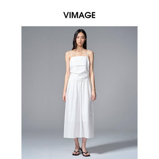 VIMAGE纬漫纪棉混纺纯色度假风褶皱大裙摆吊带连衣裙2025夏季新款连衣裙V2307928 商品图0