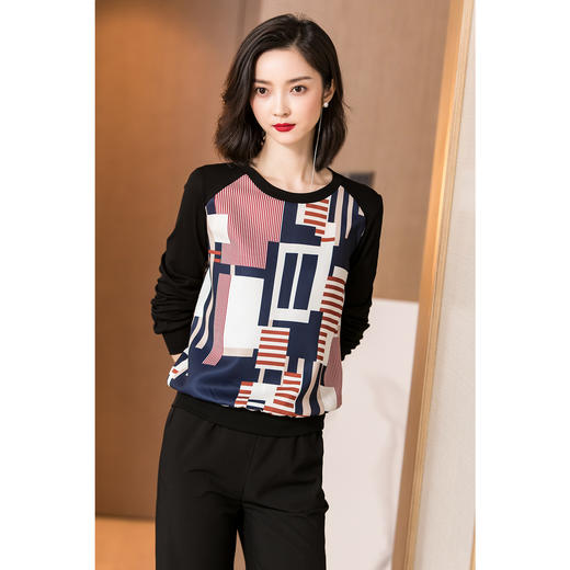 米思阳2026春季通勤风优雅拼接印花长袖T恤宽松休闲上衣女4308 商品图4