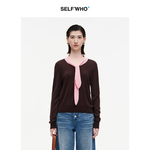 SELFWHO莱赛尔羊毛混纺撞色翻领巾毛衣女2025秋新款保暖针织上衣 商品图0