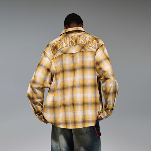 CHINISM赤尘 黄色格子长袖衬衫男秋季翻领纯棉情侣衬衣薄款外套 商品图0