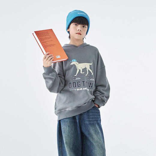 蓝汽水25年秋季新款亲子装中大男童连帽小狗印花卫衣宽松休闲上衣 商品图4