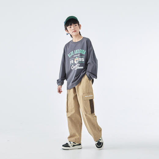 蓝汽水25年秋季新款亲子装中大男童小熊印花长袖T恤潮酷休闲上衣 商品图4