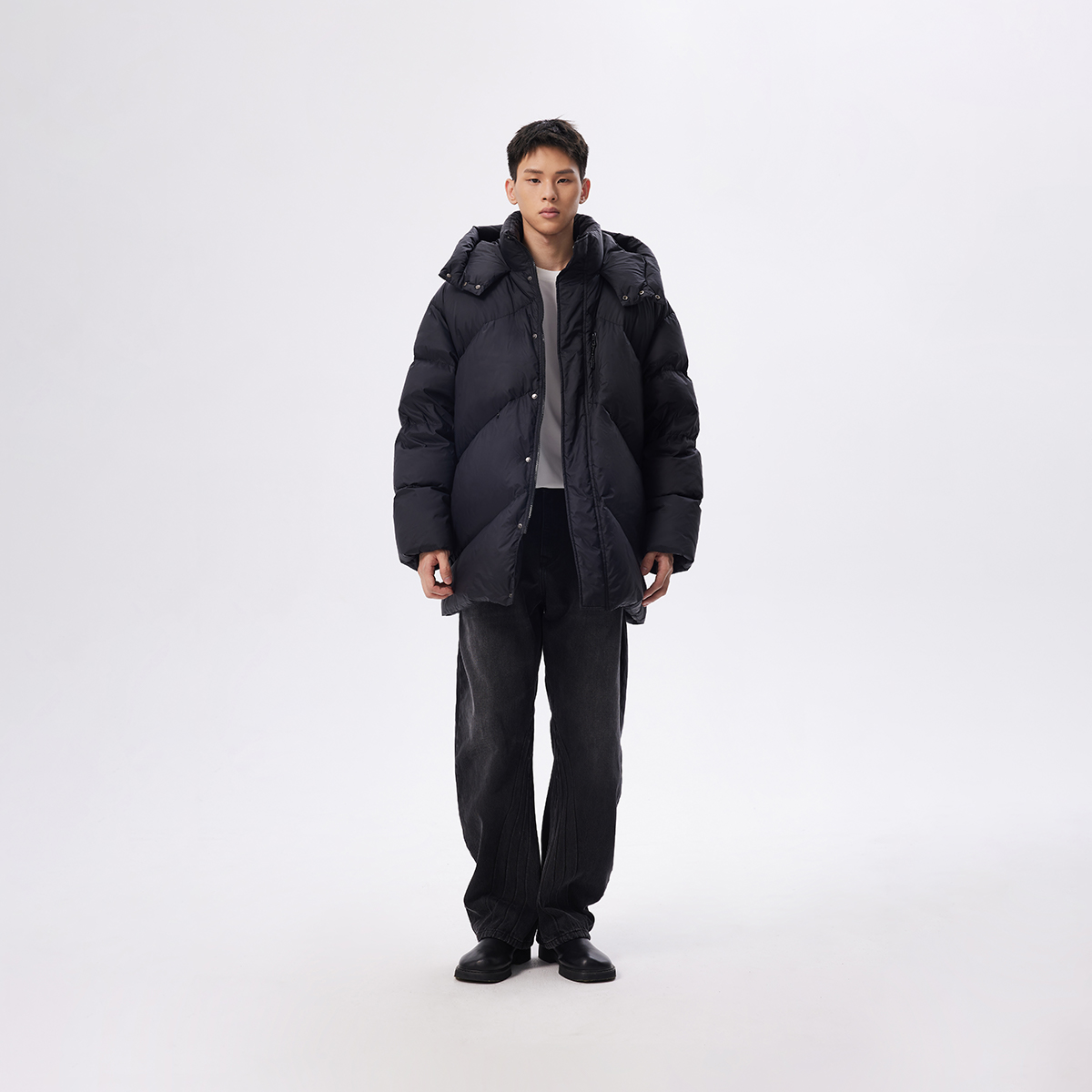 CHINISM赤尘 黑色中长款羽绒服男冬季防风加厚保暖面包服男士外套