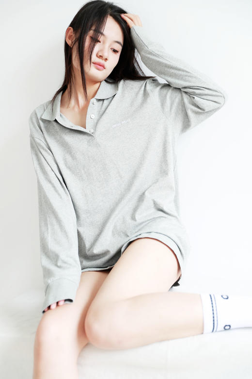 美式学院polo衫，小标刺绣设计。元祖灰翻领长袖宽松上衣C081268 商品图7