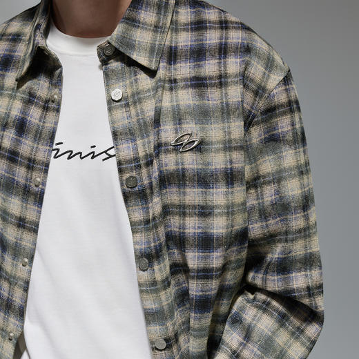 CHINISM赤尘 毛边格子长袖衬衫男秋季新款美式休闲翻领衬衣外套 商品图2