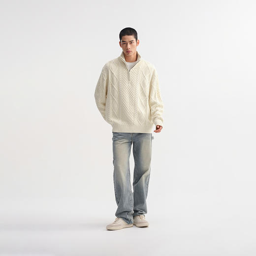 CHINISM赤尘 立领半拉链绞花毛衣男冬季美式复古针织衫男士上衣 商品图3