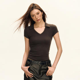 Ariseism 美式复古设计感V领百搭纯色短袖t恤女2025夏季新款上衣