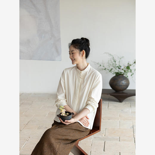 牧衣游原创 打条汉麻棉净色衬衫古朴禅意新中式上衣茶服 梨花梦 商品图2