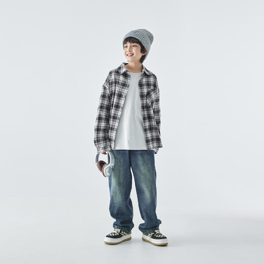 预售3.29发 蓝汽水25年秋季新款亲子装中大男童经典格纹衬衫撞色纽扣印花上衣 商品图1