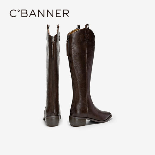 千百度手抓皮中跟骑士靴女尖头粗跟增高瘦瘦靴长靴子A25581122 商品图4