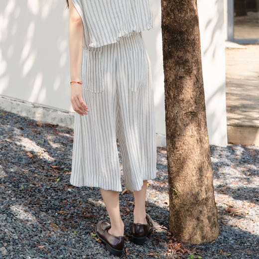 谜底条纹阔腿裤女2025夏季新款通勤气质柔软宽松八分裤25BMK5010 商品图2