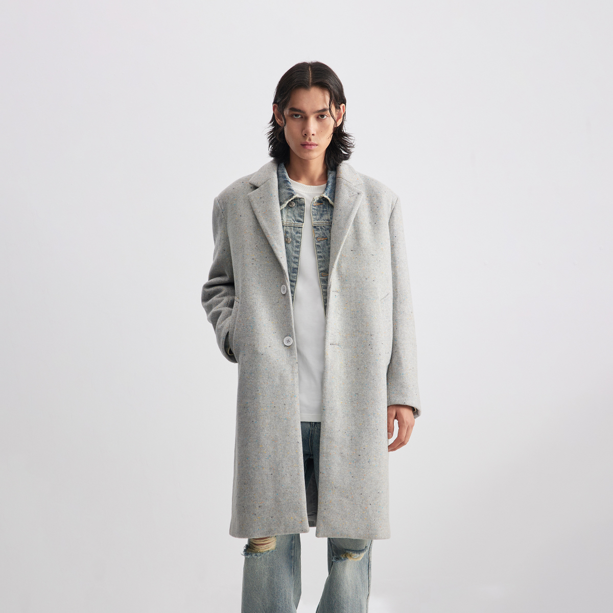 CHINISM赤尘 中长款翻领羊毛呢子大衣男秋季休闲男士过膝毛呢外套