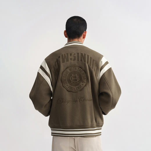 CHINISM赤尘 重磅绣花呢绒棒球服夹克男春季新款美式PU皮拼接外套 商品图0