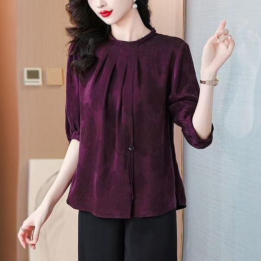 紫色冠乐绉仿香云纱真丝上衣女2025夏季中年妈妈宽松阔腿裤衬衣 商品图0