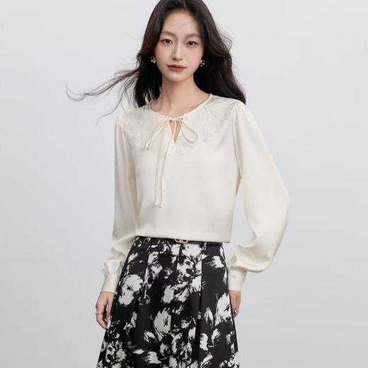 「自」全新升级【铂金会员165/天猫219/差价54】(13156)洛诗琳新款镂空花边衬衫2025法式气质钉珠优雅知性雪纺上衣 商品图0