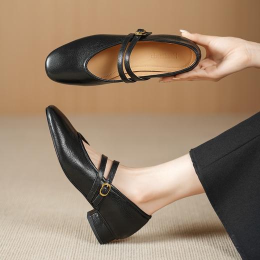 羊皮圆头拼色一字扣带，低跟浅口玛丽珍单鞋DTN-153-13 商品图2