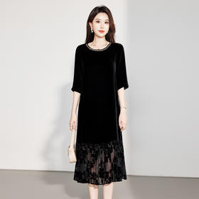 TC 63315真丝丝绒中袖宽松显瘦气质直筒连衣裙优雅桑蚕丝裙