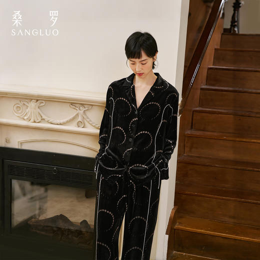 早秋新品』桑罗桑蚕丝绒睡衣套装月亮印花丝绸女款家居服秋冬外穿 商品图1