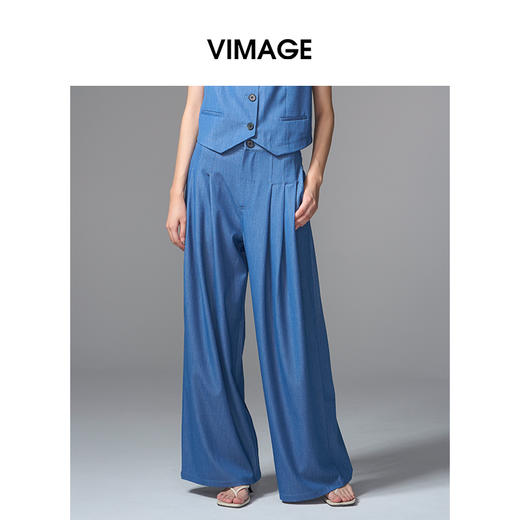 VIMAGE纬漫纪复古牛仔蓝高腰垂坠休闲百搭直筒阔腿裤2025夏季新款裤子V2305948 商品图0