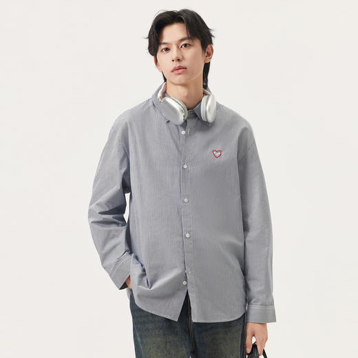 gxg.jeans男装 藏青条纹绣花宽松长袖衬衫外套 25年秋热卖 商品图1