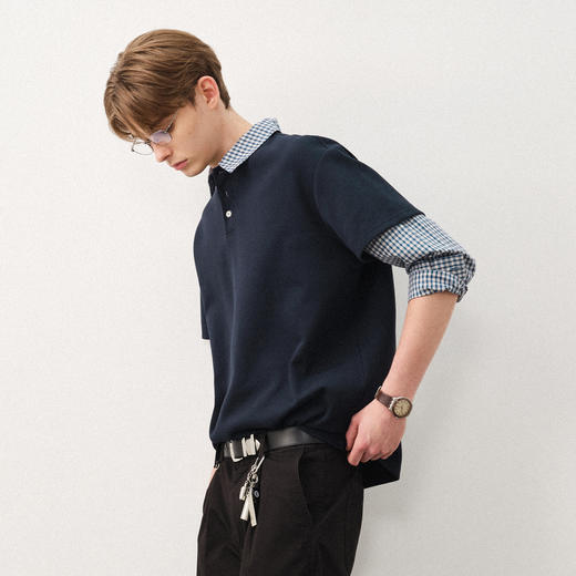714street秋季假两件长袖POLO衬衫男2025纯棉休闲宽松针织杉衬衣 商品图1
