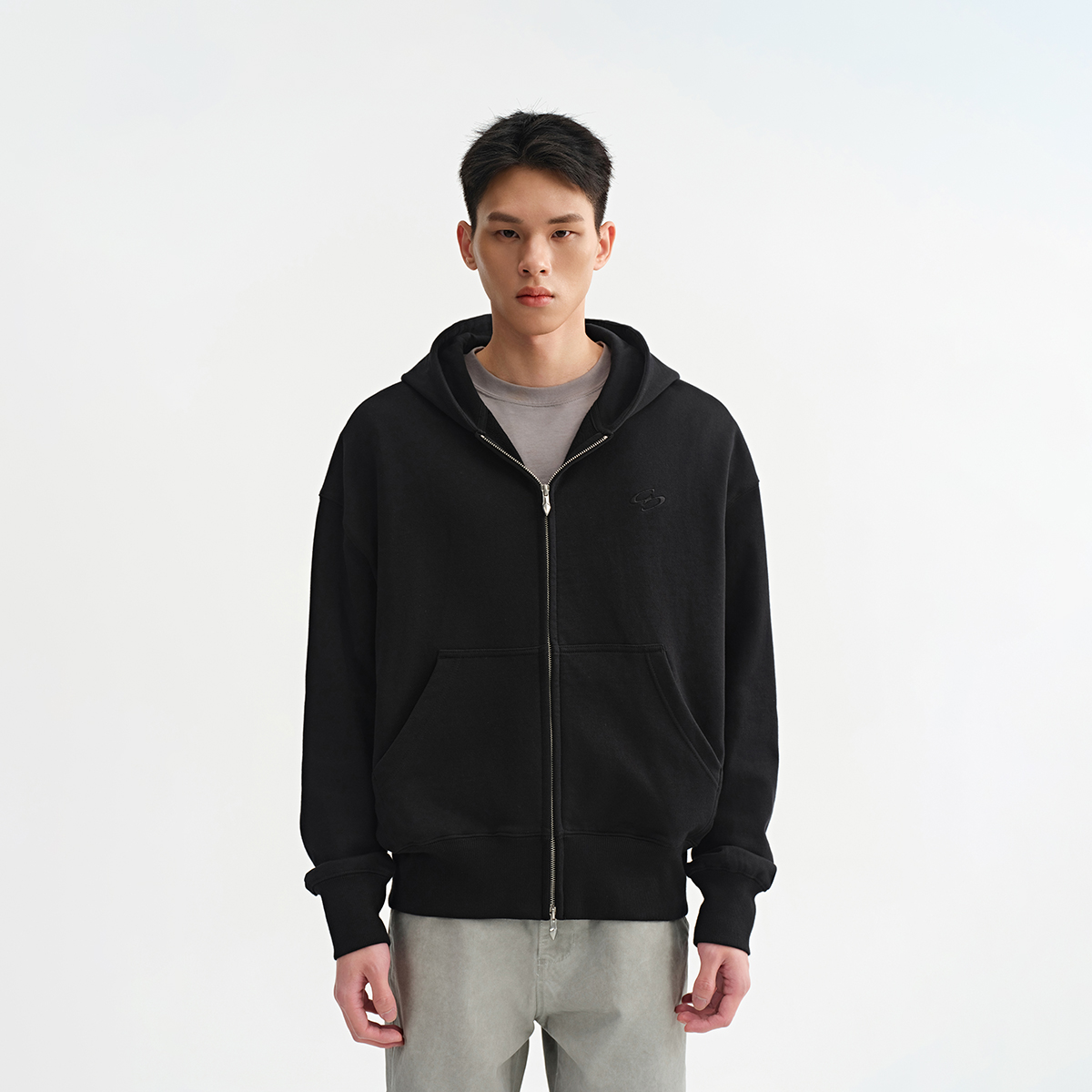 CHINISM赤尘 黑色重磅刺绣连帽开衫卫衣男秋季美式短款拉链外套