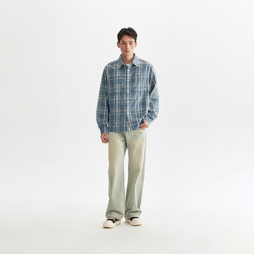 CHINISM折扣季 复古蓝格子长袖衬衫男春季美式磨破做旧衬衣外套 商品图3