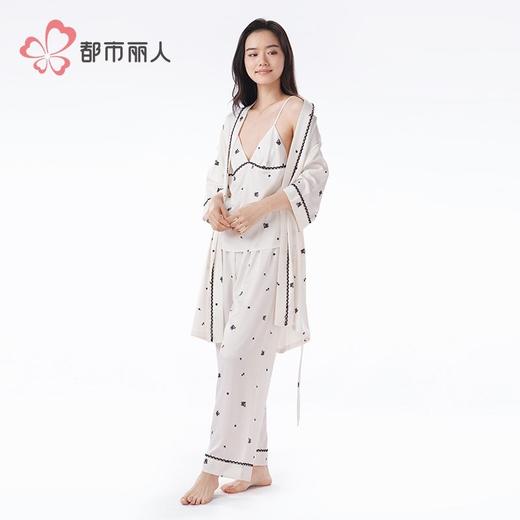 都市丽人冰雪丝印花睡衣女士家居服吊带长裤外袍丝质三件套LHH5A7 商品图5
