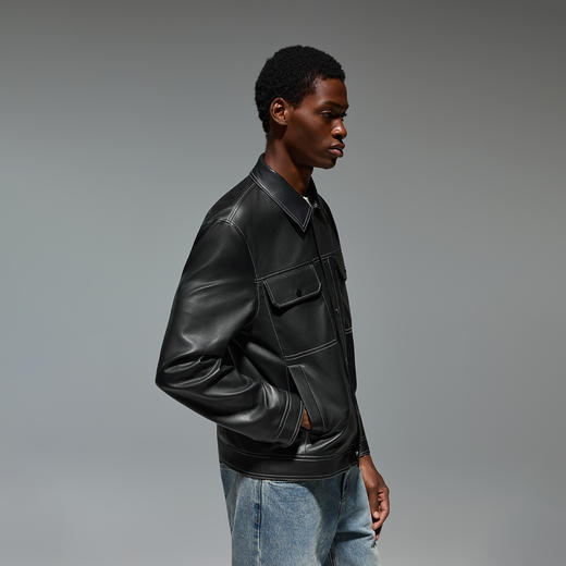 CHINISM赤尘 黑色合体PU皮机车夹克男秋季新款美式翻领皮衣外套 商品图5