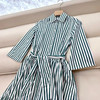 新款M*X府绸棉条纹荷叶大摆收腰系带衬衫裙 商品缩略图5