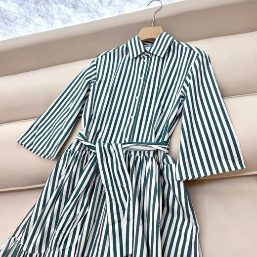 新款M*X府绸棉条纹荷叶大摆收腰系带衬衫裙 商品图5