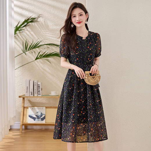 法式时尚洋气圆领短袖裙子，休闲收腰显瘦碎花连衣裙HR-6225 商品图1