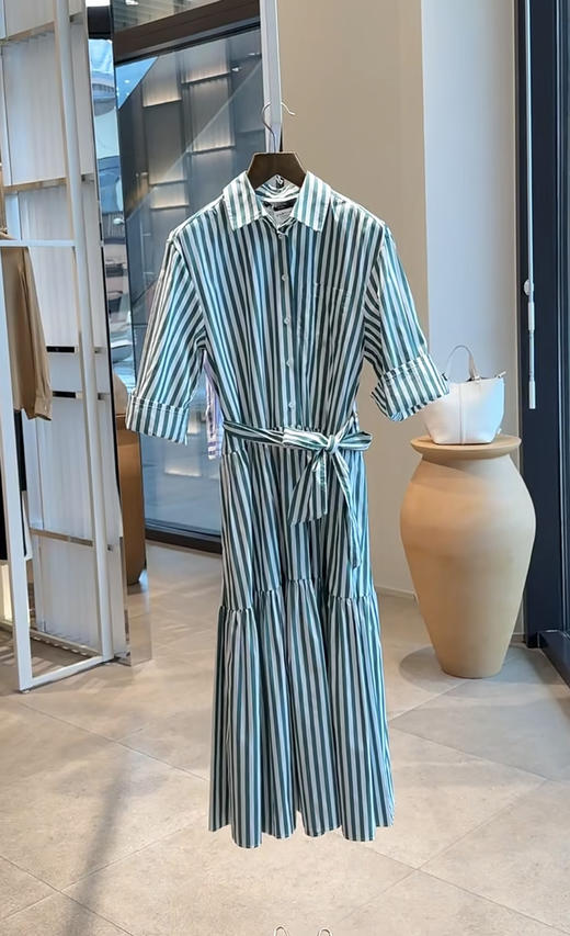 新款M*X府绸棉条纹荷叶大摆收腰系带衬衫裙 商品图2