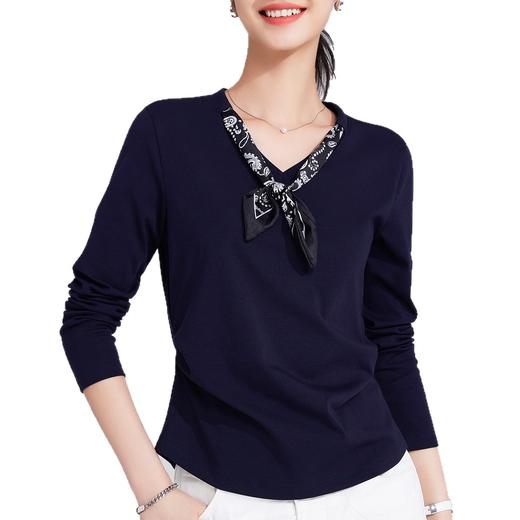 「自j」全新升级【铂金会员119/天猫159/差价40】(33436)洛诗琳高级感丝巾V领长袖T恤2025秋季气质褶皱收腰显瘦上衣33436 商品图4