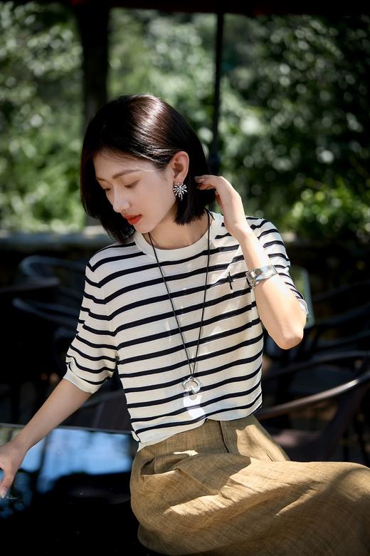 新款天丝莱赛尔桑蚕丝条纹芭蕾女孩刺绣衫 商品图1