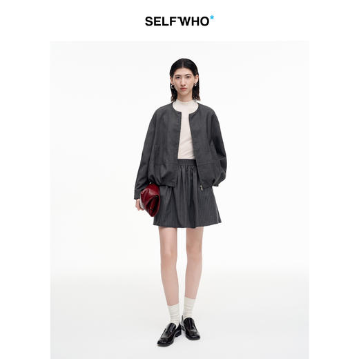 SELFWHO精梳羊毛混纺灰色条纹半身裙女2025秋新款松紧腰伞摆短裙 商品图1