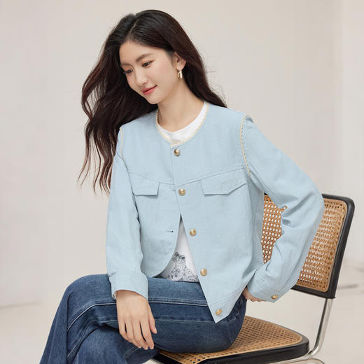 【年货节】熙世界小香风天丝蓝色短外套女2025秋装新款气质蕾丝花边圆领上衣 商品图1