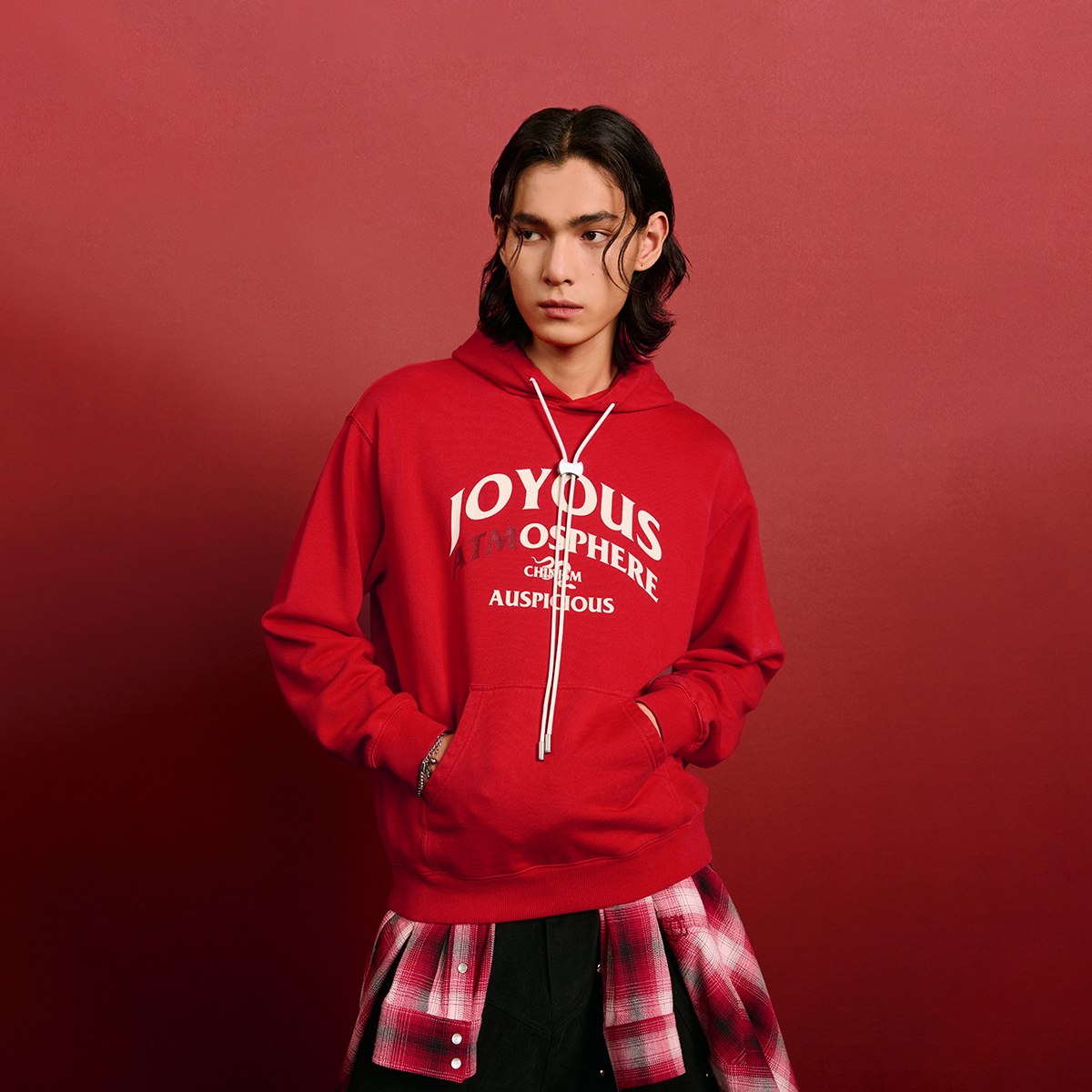 CHINISM折扣季 CH银锭扣红色连帽卫衣男秋季宽松情侣休闲帽衫上衣