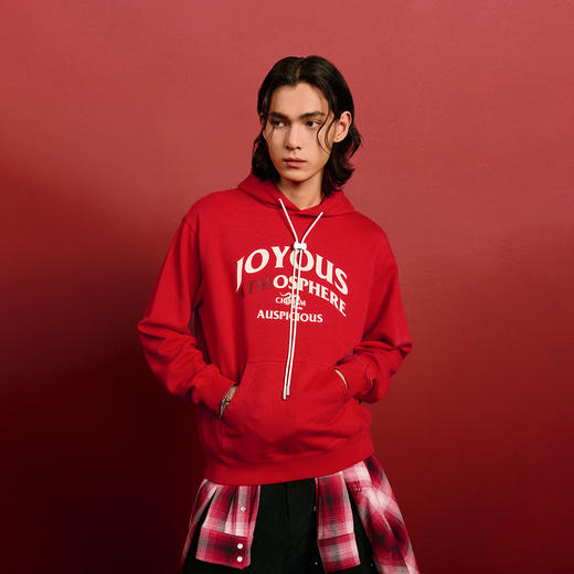 CHINISM折扣季 CH银锭扣红色连帽卫衣男秋季宽松情侣休闲帽衫上衣 商品图0