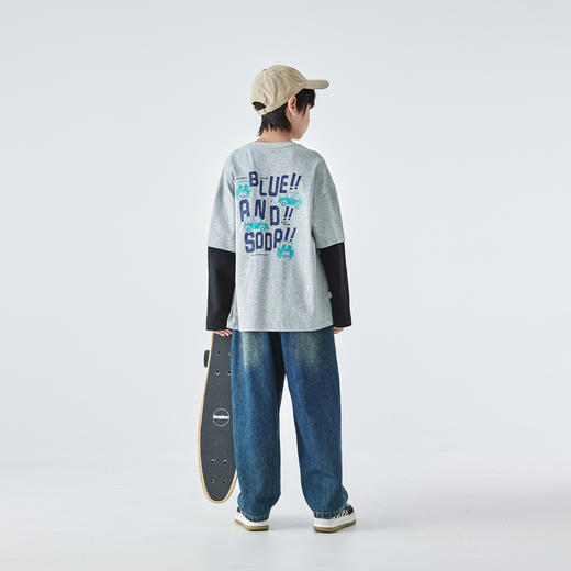 米灰预售3.30发 汽水25年秋季新款亲子装中大男童假两件长袖T恤潮流休闲上衣 商品图3