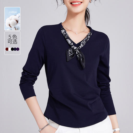 「自j」全新升级【铂金会员119/天猫159/差价40】(33436)洛诗琳高级感丝巾V领长袖T恤2025秋季气质褶皱收腰显瘦上衣33436 商品图1