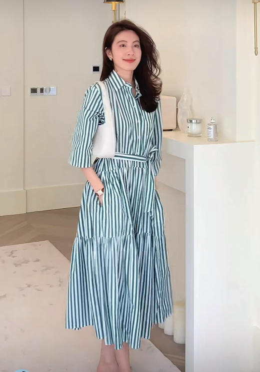 新款M*X府绸棉条纹荷叶大摆收腰系带衬衫裙 商品图6