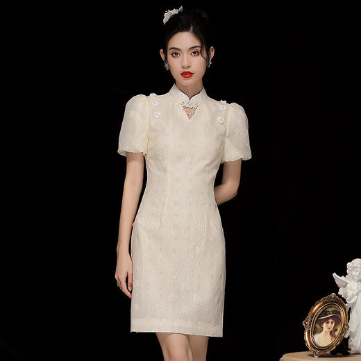 「自」全新升级【铂金会员220/天猫299/差价79】(35535)洛诗琳复古气质提花连衣裙2025夏季国风改良短款旗袍裙女 商品图0